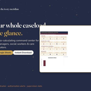 May include: A digital caseload command center spreadsheet for Excel and Google Sheets. The interface features a dark blue background with gold text reading "the ivory meridian," "Your whole caseload. One glance," and "Excel + Google Sheets."