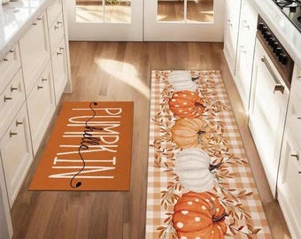 2PC Autumn Pumpkin Kitchen Mat Set, Farmhouse Fall Floor Rugs, Laundry Room Decor