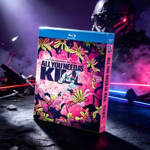 May include: A Blu-ray disc case for All You Need Is Kill featuring a vibrant pink and yellow floral background with a central figure wielding a large axe. The title text is bold and black, with the subtitle Live For Tomorrow. Die Today. printed above.