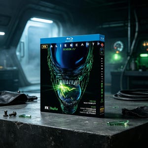 May include: A Blu-ray case for Alien Earth Season 1 featuring a dark, glossy cover with a green and blue alien creature graphic holding a glowing planet. The text includes FX, Hulu, creator Noah Hawley, and stars Sydney Chandler, Alex Lawther, and Timothy Olyphant.
