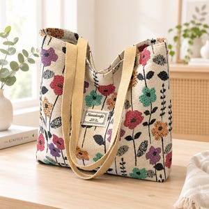 Op de afbeelding: Een crèmekleurige tote bag met een geweven bloemenpatroon in rood, oranje, paars en groenblauw. De tas heeft twee beige stoffen hengsels en een rechthoekig wit label aan de voorzijde met de tekst Nanzdaafie Nice to meet you.