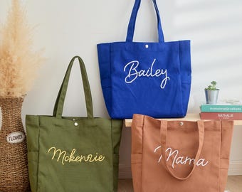 Hand Embroidered Canvas Tote Bag, Personalized Bridesmaid Gift, Custom Name Bachelorette Favor