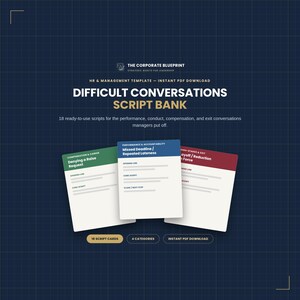 May include: A digital HR and management template titled Difficult Conversations Script Bank. It features 18 ready-to-use scripts across four categories, displayed on green, blue, and red cards against a dark blue grid background with text.
