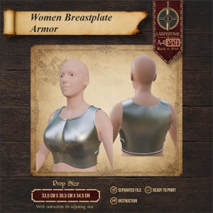 Op de afbeelding: Een digitaal sjabloon voor een borstplaatpantser met voor- en achteraanzichten op een mannequin. De tekst luidt Women Breastplate Armor, LARPERTIME, A4 PDF, Ready to Print en Prop Size 33,5 cm x 30,5 cm x 34,5 cm met instructie.