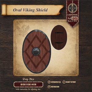 May include: An oval Viking shield digital pattern featuring a wood-grain finish, a central metal boss, and a dark rim. The document includes the text Oval Viking Shield, LARPERTIME, A4 PDF, and Prop Size 60 cm x 6 cm x 40 cm with instructions.