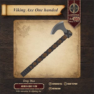 May include: A one-handed Viking axe prop design featuring a grey blade and a brown handle wrapped in dark straps. The document includes the text Viking Axe One handed, LARPERTIME, A4 PDF, and lists the prop size as 40 cm x 4 cm x 11 cm.