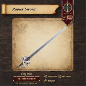 Może przedstawiać: Cyfrowa ilustracja rapiera ze srebrnym ostrzem i złożonym jelcem z ciemną rękojeścią. Obraz zawiera tekst Rapier Sword, LARPERTIME, A4 PDF oraz wymiary 105,5 cm x 8 cm x 18,5 cm.