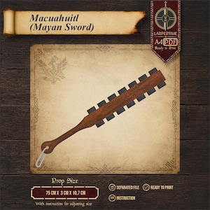 Puede incluir: Un diseño de accesorio de espada maya Macuahuitl con un mango y cuerpo de hoja de madera marrón con inserciones rectangulares negras a lo largo de los bordes. El documento incluye el texto Macuahuitl Mayan Sword, LARPERTIME, A4 PDF y Prop Size 75 cm x 3 cm x 10.7 cm.