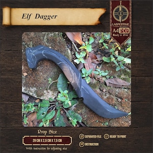 May include: A dark gray curved prop dagger with embossed leaf-like details on the handle and blade. The image includes text reading Elf Dagger, Larpertime, A4 PDF, and Prop Size 29 cm x 2.5 cm x 7.5 cm with instructions for adjusting size.