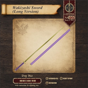 Puede incluir: Una plantilla digital para una espada Wakizashi, con una hoja larga de color dorado y un mango y vaina de color púrpura. El documento incluye el texto Wakizashi Sword (Long Version), LARPERTIME, A4 PDF y dimensiones de 160 cm x 6 cm x 10 cm.
