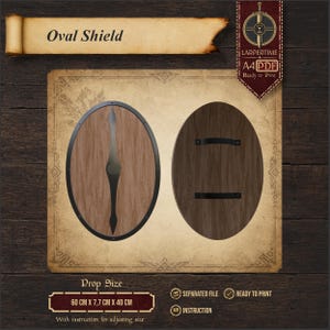 May include: A digital document for an oval shield, featuring a wood-grain front with a central metal-coloured spike and a back with two black handles. The document includes the text Oval Shield, Prop Size 60 cm x 7.7 cm x 40 cm, and LARPERTIME.