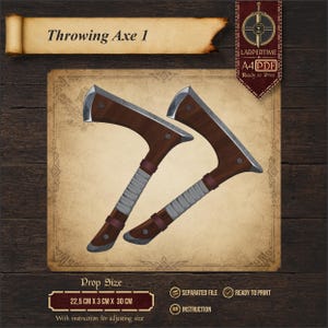 May include: A digital illustration of two throwing axes with brown wooden handles, silver metal blades, and light gray wrapped grips. The image includes the text Throwing Axe 1, LARPERTIME, A4 PDF, and dimensions of 22.5 cm x 3 cm x 30 cm.