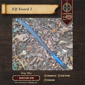 Op de afbeelding: Een grijs gebogen zwaard-rekwisiet met een blauw handvat en gedetailleerde versieringen op het blad. De tekst op de afbeelding luidt Elf Sword 1, LARPERTIME, A4 PDF, Ready to Print en Prop Size 85 cm x 3 cm x 10 cm with instruction for adjusting size.