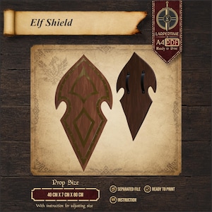Puede incluir: Un diseño digital para un accesorio de escudo elfo, con un acabado de grano de madera marrón y bordes dorados. El documento incluye vistas frontal y trasera, el texto "Elf Shield", "LARPERTIME", "A4 PDF" y dimensiones de 40 cm x 7 cm x 80 cm.