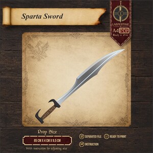 May include: A digital template for a Sparta Sword prop, featuring a silver-coloured blade with a curved edge and a brown handle with black accents. The document includes the text Sparta Sword, A4 PDF, and dimensions of 85 cm x 4 cm x 9.5 cm.