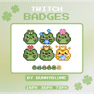 May include: A set of six pixel art frog Twitch badges featuring various expressions and accessories, including a sprout, bubbles, a flower, a heart, and crowns. The text reads TWITCH BADGES, BY BUNNYBLUME, and 18PX 36PX 72PX. The frogs are green and yellow.