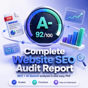 May include: A 3D graphic displaying a Complete Website SEO Audit Report with a central gauge showing an A- grade and 92/100 score. It includes a PDF icon, a performance line graph, a bar chart, an AI search visibility icon, and a magnifying glass.