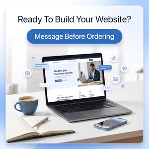 May include: A laptop displaying a website design, a blue mug, an open notebook with a pen, and a smartphone. The text reads Ready To Build Your Website? and Message Before Ordering. Floating icons include speech bubbles, a megaphone, and an envelope.