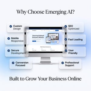 May include: A computer monitor displaying a website titled Emerging AI with the text Why Choose Emerging AI? and Built to Grow Your Business Online. Surrounding the screen are eight white rectangular labels listing features like Custom Design, SEO Optimised, Mobile Responsive, Fast Loading, Secure Development, User Friendly, Conversion Focused, and Professional Support.