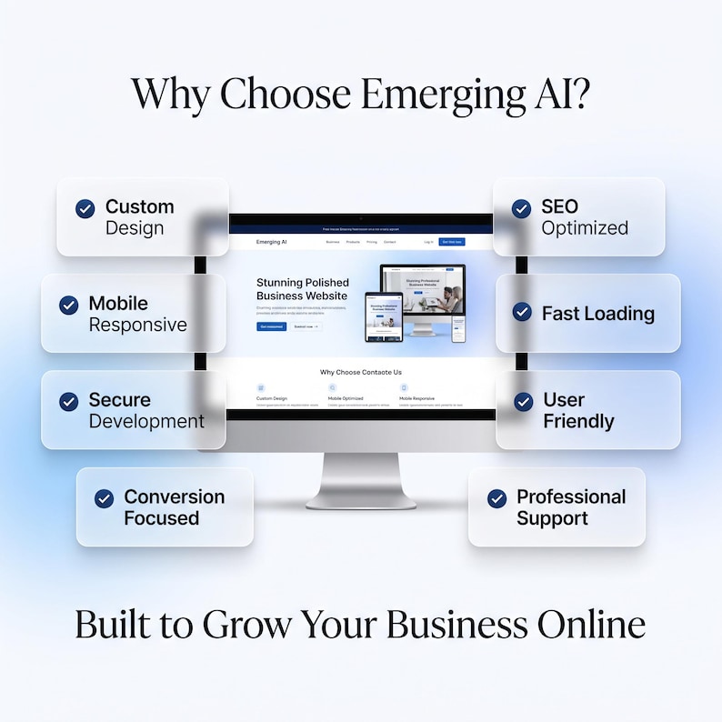 May include: A computer monitor displaying a website titled Emerging AI with the text Why Choose Emerging AI? and Built to Grow Your Business Online. Surrounding the screen are eight white rectangular labels listing features like Custom Design, SEO Optimised, Mobile Responsive, Fast Loading, Secure Development, User Friendly, Conversion Focused, and Professional Support.