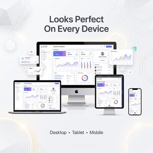 May include: A desktop computer, laptop, tablet, and smartphone displaying the AuraFlow Analytics dashboard with various charts, graphs, and data metrics. The text "Looks Perfect On Every Device" and "Desktop &bull; Tablet &bull; Mobile" is visible.