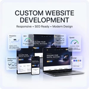 May include: A digital graphic displaying custom website development services with text including Responsive, SEO Ready, and Modern Design. It features a laptop, tablet, and smartphone showing website interfaces alongside floating data panels for analytics, SEO, speed, and design metrics.