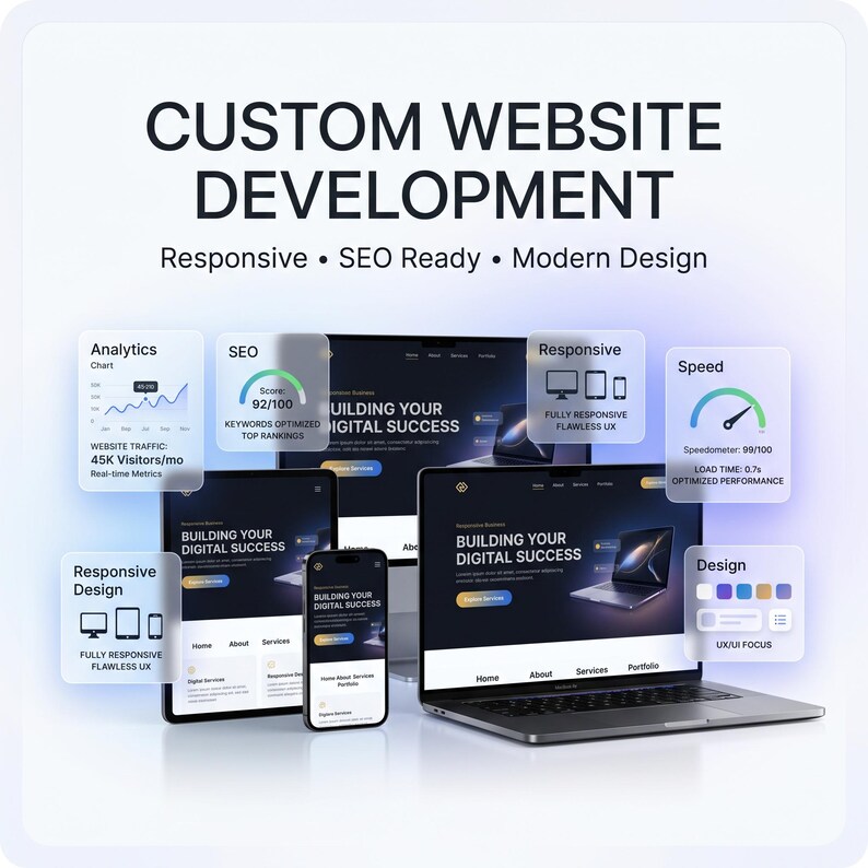 May include: A digital graphic displaying custom website development services with text including Responsive, SEO Ready, and Modern Design. It features a laptop, tablet, and smartphone showing website interfaces alongside floating data panels for analytics, SEO, speed, and design metrics.