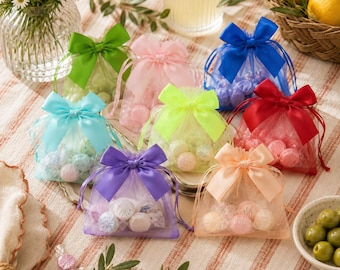 Simpatici sacchetti per snack con fiocco – 15 colori. Confezioni per bomboniere, ideali per feste, matrimoni e come confezioni regalo fatte a mano.