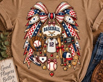 Baseball Game Day PNG, Red White Blue Baseball Bow Design, Patriotic Sports Mom Graphic, Baseball Season Sublimation PNG