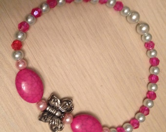 Handmade Pink Howlite Butterfly Anklet, Faux Pearl Beaded Bracelet