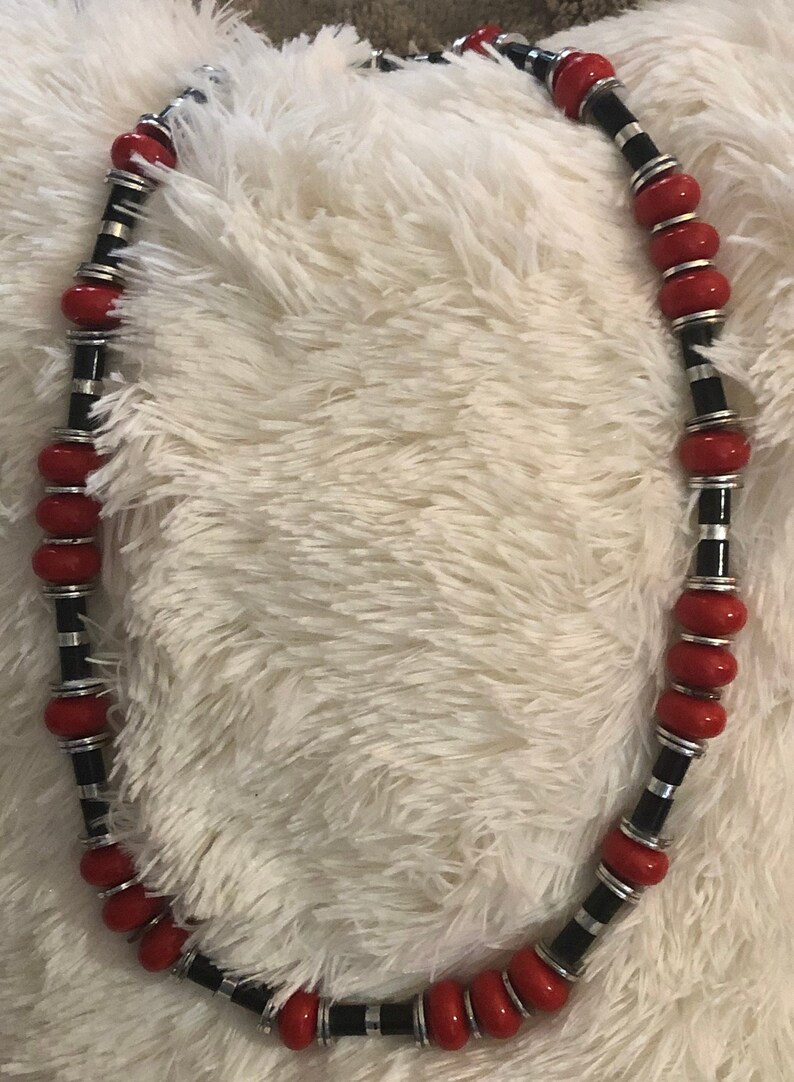 CHUNKY STATEMENT NECKLACE retro 29 inches long Vivid Red Vintage from the 70/'s Black and silver accents Free Ship.