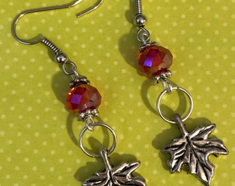 MAPLE LEAF EARRINGS with Red Glass Stone  on Red Leaf Card