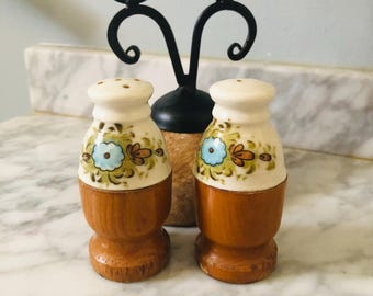 ANTIQUE Salt & Pepper Shakers. Wood and Ceramic.