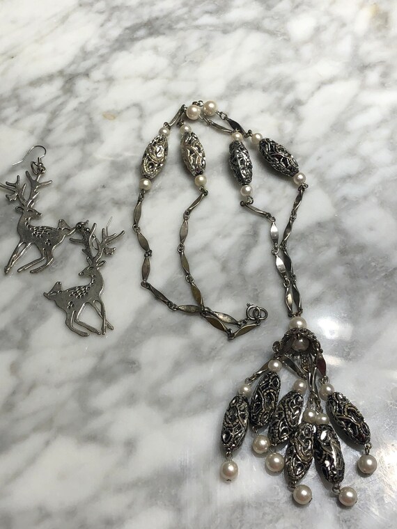 Antique Tassel Necklace Or REINDEER Earrings . Si… - image 2