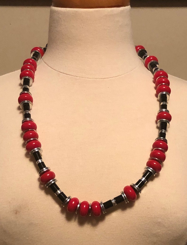 CHUNKY STATEMENT NECKLACE retro 29 inches long Vivid Red Vintage from the 70/'s Black and silver accents Free Ship.