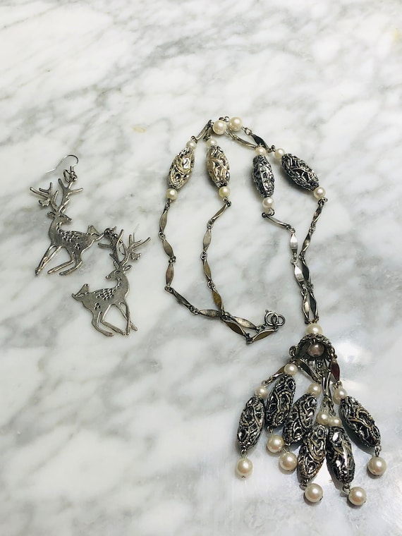 Antique Tassel Necklace Or REINDEER Earrings . Si… - image 1