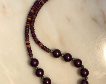 MENS beaded necklace. Faux burgundy pearls and wood beads. HANDMAD.    Ships from Canada