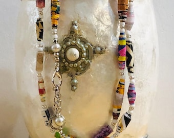 PAPER BEAD Necklace. 60 inches long. HANDMADE, hand rolled paper beads.  Shipping from Canada