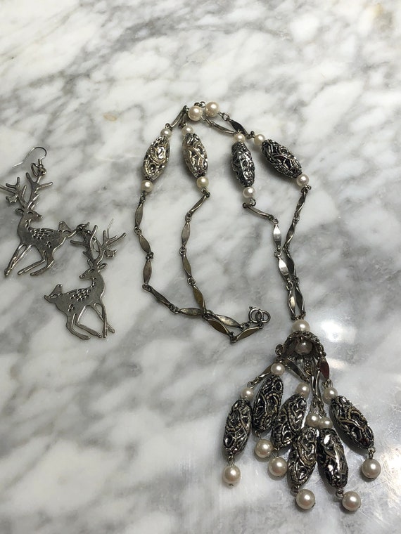 Antique Tassel Necklace Or REINDEER Earrings . Si… - image 5