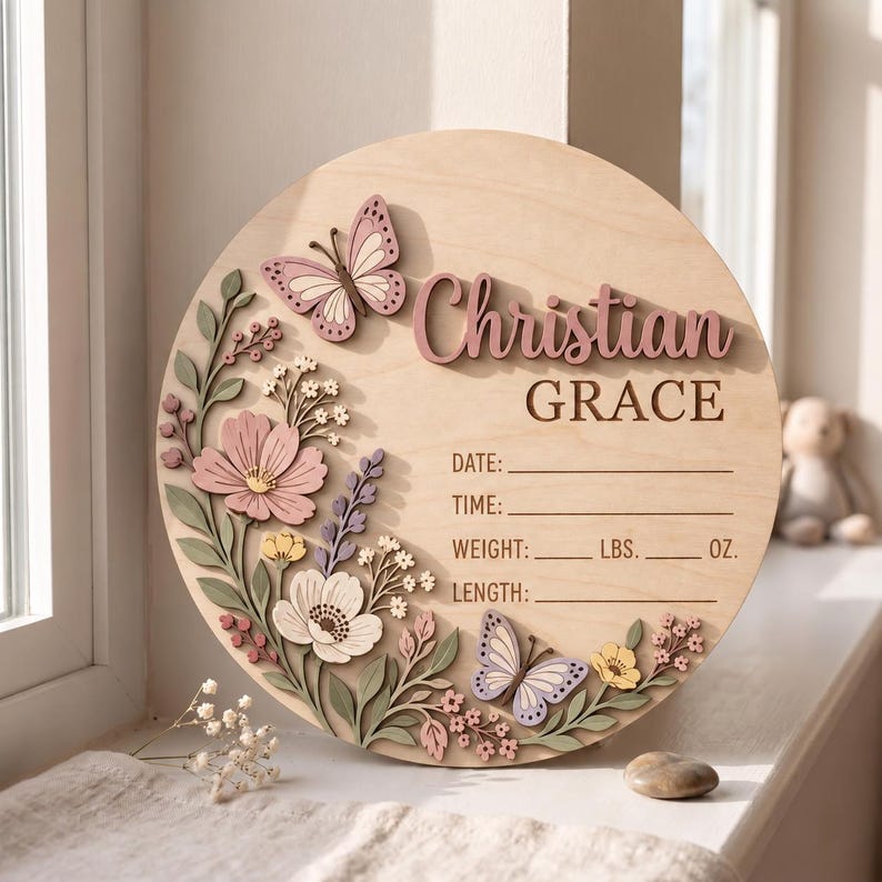 Personalized Wildflower Birth Stats Sign, Wooden Baby Announcement ...