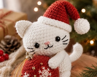 Patrón de gatito a crochet, gato amigurumi con adorno, tutorial de gorro de Papá Noel (descarga digital)