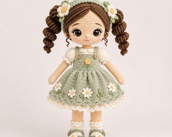 Patrón de muñeca de ganchillo "Spring Daisy Girl", tutorial de vestido floral amigurumi (descarga en PDF)