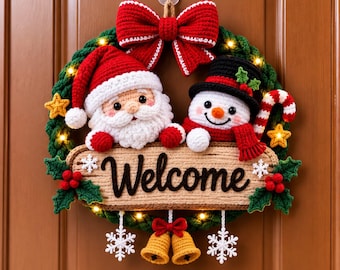 Patrón de corona navideña de ganchillo / Adorno de bienvenida para puerta con forma de muñeco de nieve de Papá Noel (descarga en PDF)