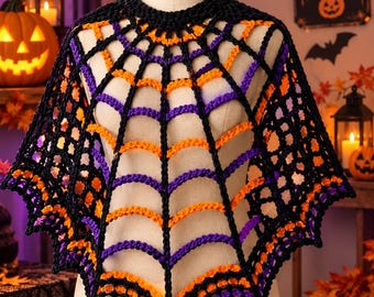 Patrón de ganchillo para chal de Halloween con telaraña, poncho de telaraña negro, morado y naranja (descarga en PDF)