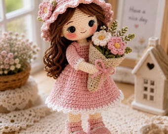 Patrón de muñeca amigurumi de niña de las flores a crochet, tutorial para ramo con sombrero de sol (descarga en PDF)
