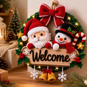 May include: A crocheted Christmas wreath featuring a Santa Claus and a snowman figure, a large red bow at the top, and a central sign with the text Welcome. The wreath is decorated with green foliage, red berries, yellow stars, and hanging white snowflakes.
