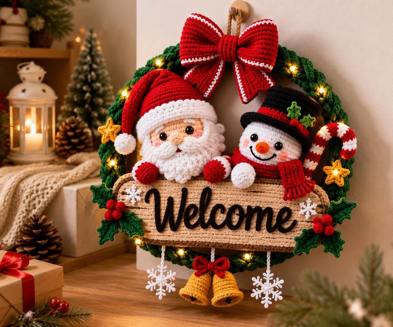 May include: A crocheted Christmas wreath featuring a Santa Claus and a snowman figure, a large red bow at the top, and a central sign with the text Welcome. The wreath is decorated with green foliage, red berries, yellow stars, and hanging white snowflakes.