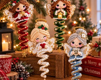 4 patrones de ganchillo para adornos de ángeles amigurumi, muñecos con soporte en espiral (descarga en PDF)