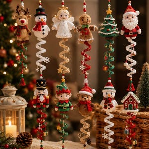 May include: A collection of twelve hanging Christmas ornaments featuring crocheted figures including a reindeer, snowman, angel, gingerbread person, tree, Santa, nutcracker, elf, bear, and house, all connected by spiralling ribbons and beads.