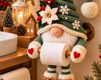 Patrón de ganchillo para portarrollos de papel higiénico con forma de gnomo navideño (PDF)